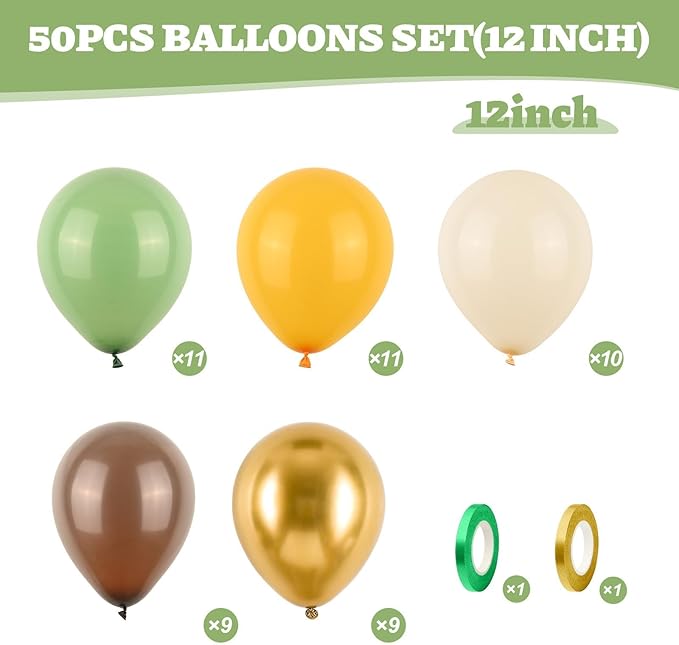 Sage Green Brown Balloons, 50Pcs 12 Inches Mustard Yellow Sand White Cartoon Balloons for Kids Boy Birthday Woodland Forest Party Decorations Baby Shower Cartoon Themed Party Supplies