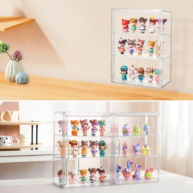 Attelite Acrylic Display Cases for Collectibles,3 Layer Clear Display Case with Magnetic Door,Desktop Clear Showcase with 2 Adjustable Divider Storage Box for Action Figure