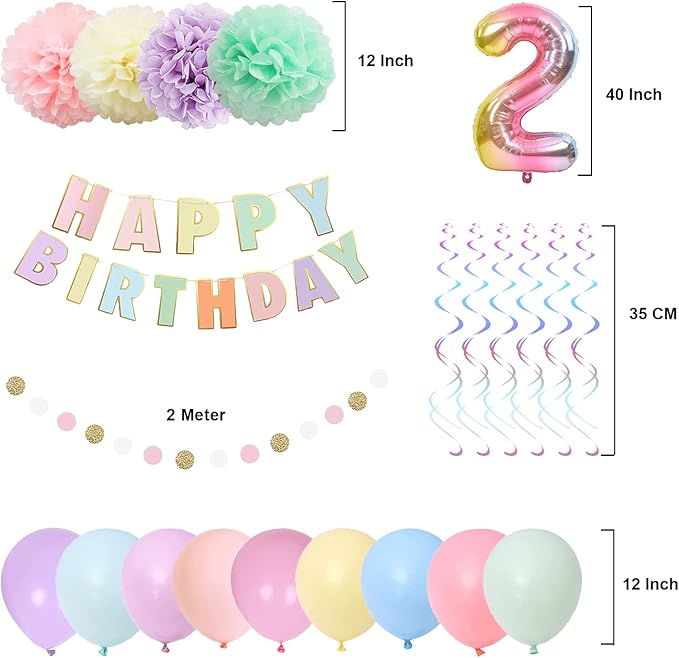 BRT Bearingshui Rainbow Gradient Number 2 Balloon, Happy Birthday Banner, Children's 2nd Birthday Party Supplies