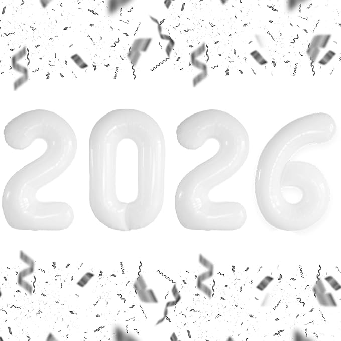 KALOR 32 Inch 2026 White Foil Number Balloons, 2026 New Years Decorations for 2026 Happy New Year Eve and Graduations Party Supplies