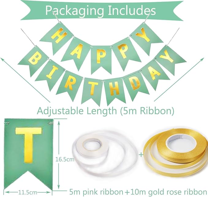 Happy Birthday Banner, Green Birthday Decoration, 16 Pcs 12in Happy Birthday Balloons with 2 Ribbons for Men Women Girls and Boys Birthday Party Decoration