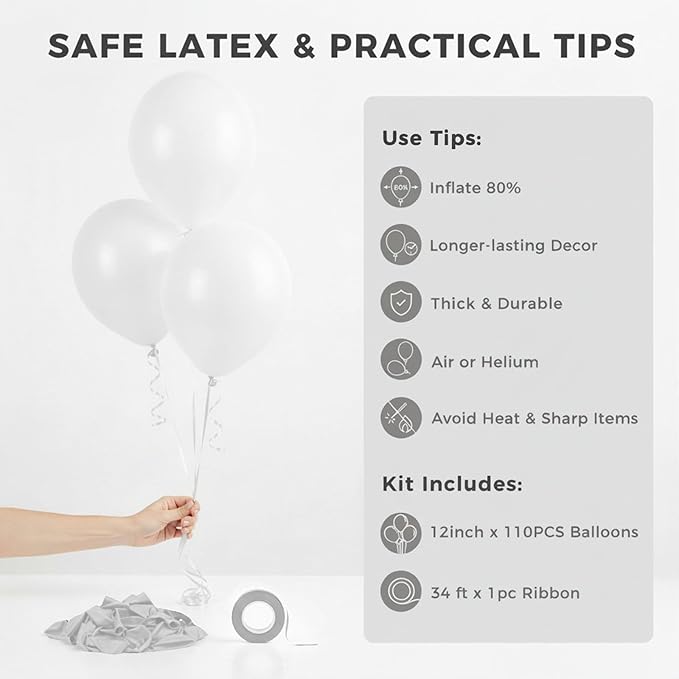 LovesTown 110PCS Latex Balloons Bulk, White Party Balloons with Ribbon 12" for DIY Crafts Birthday Baby Shower Wedding Party Decorations (Pack of 2)