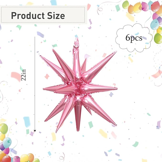 6 Pcs Silver Star Foil Balloons One-Piece 14-Pointed Star Balloon 4D Starburst Cone Mylar Balloon 22inch Christmas Birthday Wedding Wedding Anniversary Party Supplies (Pink)