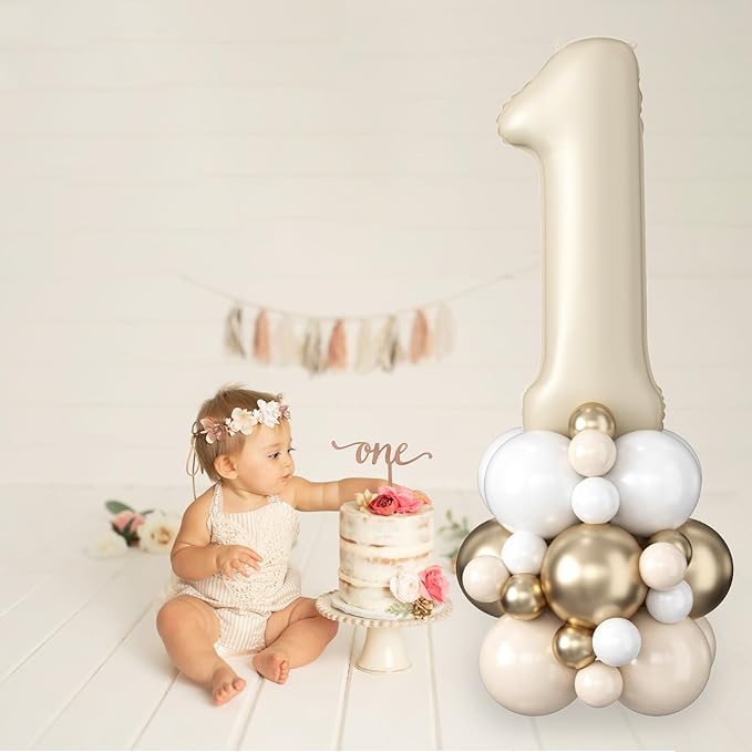 40 Inch Cream Number 1 Balloon for 1st Birthday Decorations Beige White Sand Number One Foil Balloon Tower Giant Large Nude Neutral Digit Helium Balloons Stack for Girls First Anniversary Party