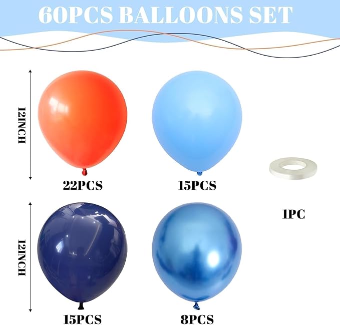 Orange and Blue Balloons, 60 Pcs 12Inch Navy Dark Light Metallic Blue and Matt Orange Latex Helium Balloon for Cartoon Kids Boy Men Birthdays Graduation Baby Shower Basketball Theme Party Decorations
