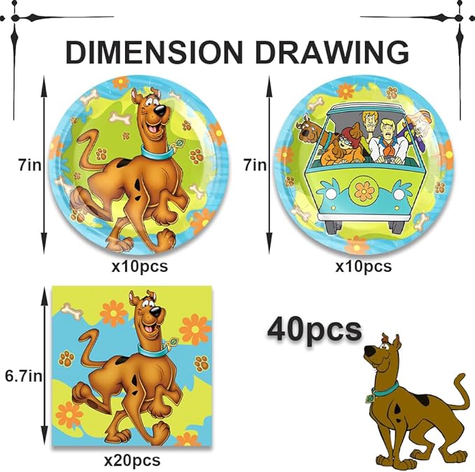 40PACK Scooby Party Supplies include 20 plates, 20 napkins for the Scooby birthday party decoration