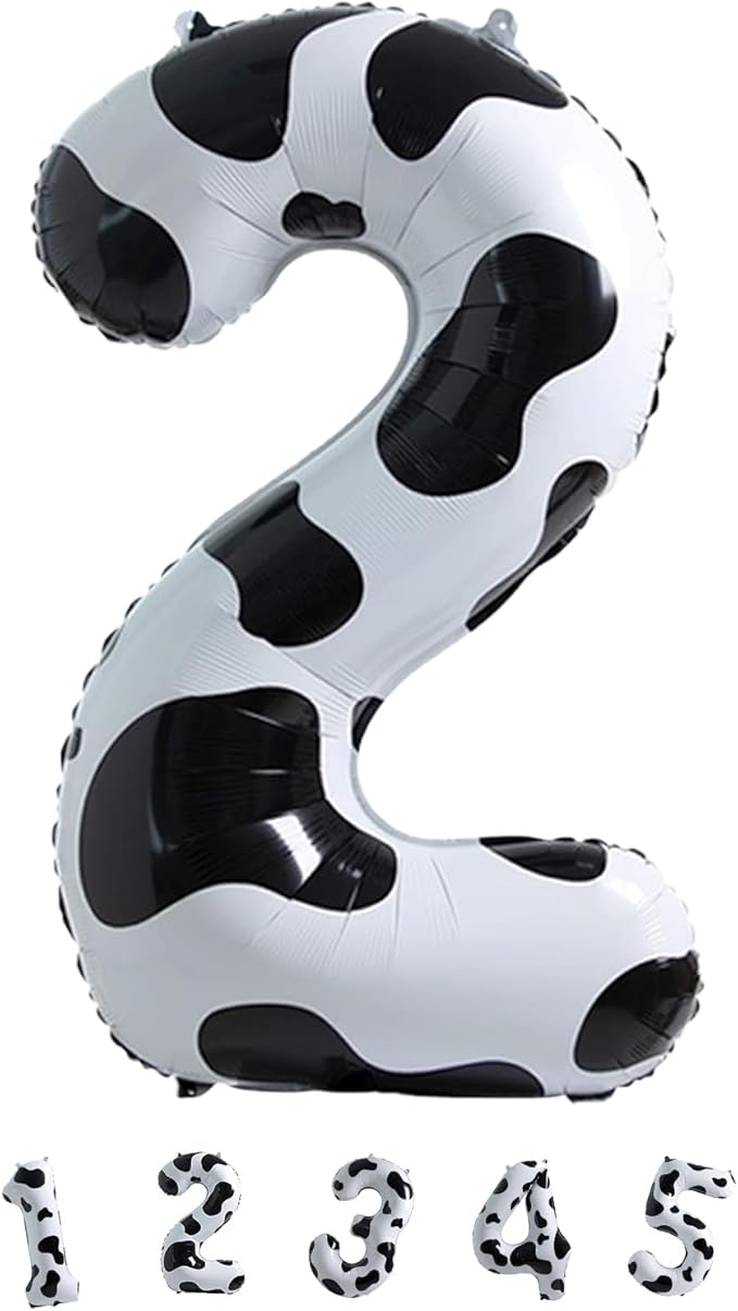 Cow Print Birthday Number Balloons, 40 Inch Large Foil Number 2 Self Inflating Balloons for Girls Boys 2nd Birthday Party Decor Baby Shower Cowboy Cowgirl Farm Animal Theme Party Decorations Supplies