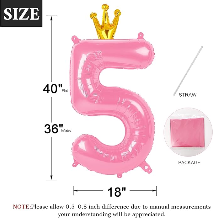 Pink 40 Inch Number Balloon (5) with Crown, Unique Foil Design, Reusable, for Birthday Party, Wedding, Anniversary