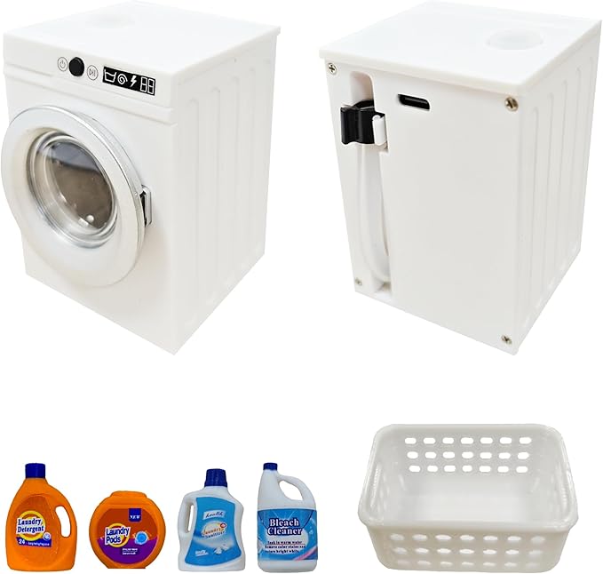 1:12 Scale Miniature Electric Washing Machine and Laundry Set, Realistic Dollhouse Accessories, Toy Washing Machine