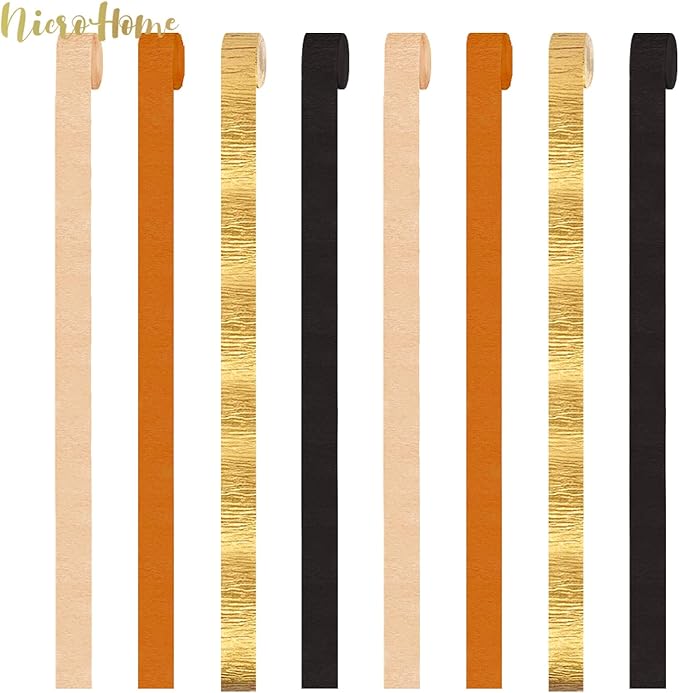 Thanksgiving Party Decorations, 8 Rolls Black Orange Gold Crepe Paper Streamers, Paper Tassels Party Streamer for Fall Autumn Thanksgiving Day Halloween Party Decoration
