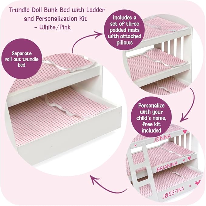 Badger Basket Doll Bunk Bed with Bedding, Ladder, and Free Personalized Kit - Fits Dolls Up to 22 Inches - Ideal for Girl Dolls and Baby Dolls for Pretend Play - White/Pink