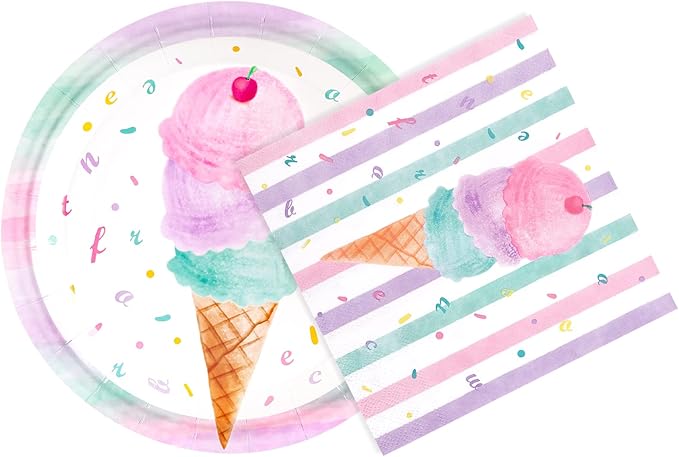 WERNNSAI Ice Cream Party Plates and Napkins - Serves 50 Guests 100 PCS Pink Sweet Ice Cream Themed Party Supplies for Girls Birthday Baby Shower Pool Summer Celebration Dinner Picnic Party Tableware