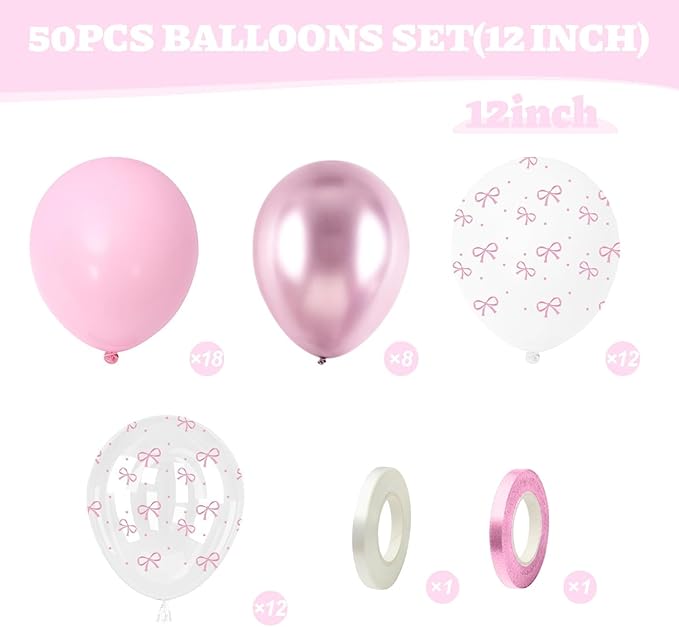 Bow Balloons, 50Pcs 12 Inches Pastel Light Clear White Pink Balloons for Girls Women Pink Birthday Party Bachelorette Bridal Engagement Bow Theme Wedding Anniversary Supplies