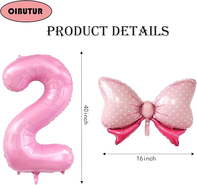 40 inch Number 2 Balloon with Bow Pink Happy Birthday Jumbo Number Balloon for Girls Daughter Birthday Decorations Party Supplies (Number 2)