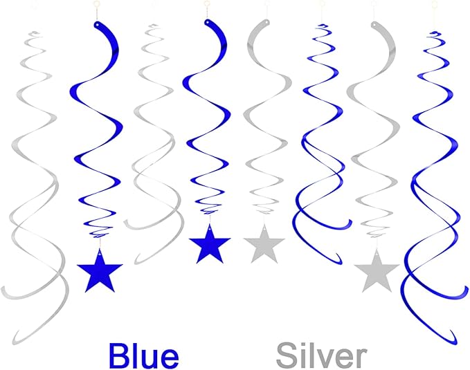 Party Star Swirl Decorations, Blue and Silver Foil Ceiling Hanging Star Swirl Decorations, Whirls Decorations for Birthday | Wedding | Anniversary | Graduation Party, Pack of 30