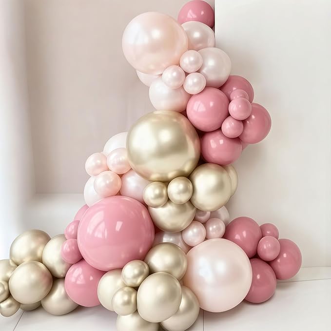 Double Stuffed Dusty Pink Balloons, 50pcs Double Stuffed Pearl Pink Beige Balloon Metallic Gold Balloons for Women Girls Boho Birthday Bridal Baby Shower Wedding Party