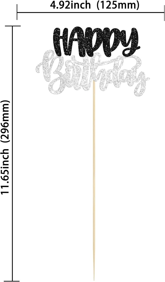 Gyufise 12Pcs Happy Birthday Centerpieces Sticks Double Sided Glitter Birthday Party Decorations Anniversary Table Flower Centerpiece for Celebrating Party Supplies Black Silver