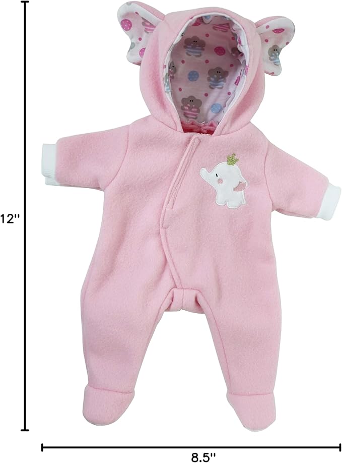 JC Toys | Berenguer Boutique | Baby Doll Outfit | Pink Elephant Themed Hooded Onesie | Ages 2+ | Fits Dolls 14"- 16"