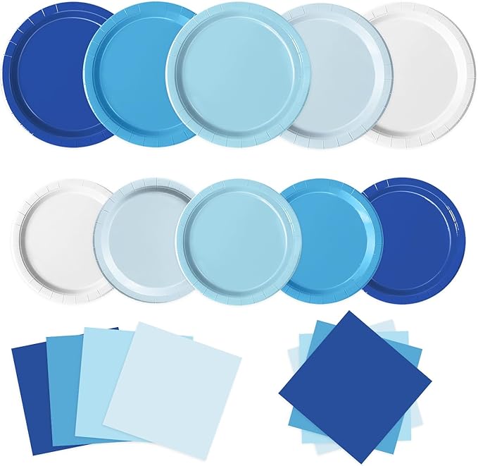 Oigco 150 PCS Blue Paper Plates, Light Blue Plates and Napkins Party Supplies for Wedding Baby Shower Bridal Party Supplies Tableware Decor, Serves 50