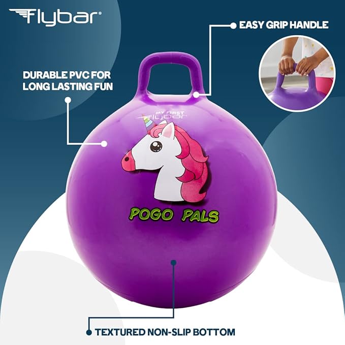 Flybar Hopper Ball for Kids, Inflatable Bouncy Ride-On Ball w/ Handle for Indoor & Outdoor Active Play, Includes Pump, Jump Ball Toy for Boys & Girls, Supports Up to 165 lbs, Ages 3+, 18-Inch, Small