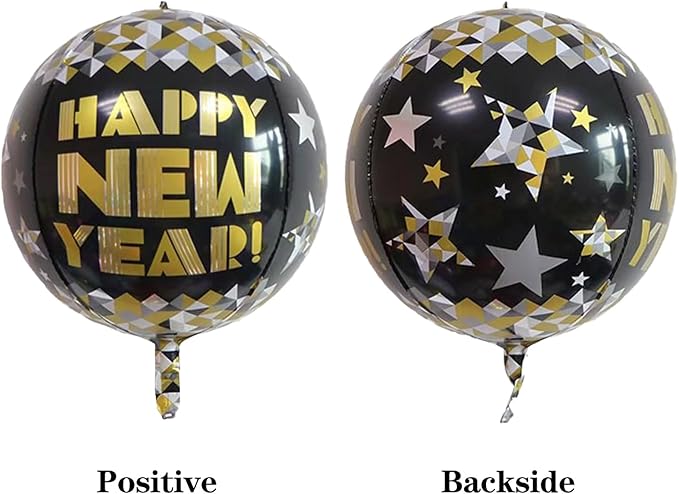 KALOR 22 Inch Happy New Year Mylar Balloons, 10 Pcs Large 4D Giant Round Foil Balloon Metallic Balloons for Happy New Year Decorations 2024
