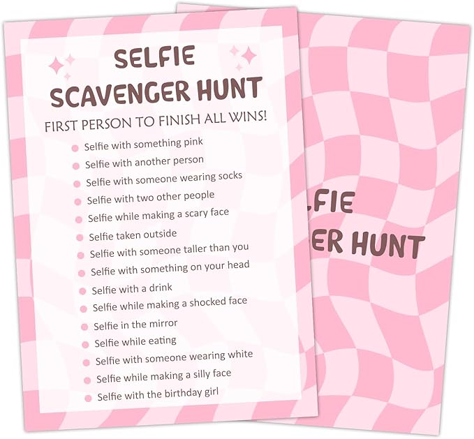 Birthday Party Games Card - Selfie Scavenger Hunt, Bday Party Games for Teen Girl Adult, Set of 20 pcs Game Cards, Birthday Party Favor Activity Sleepover Party Decor Supplies - FS270