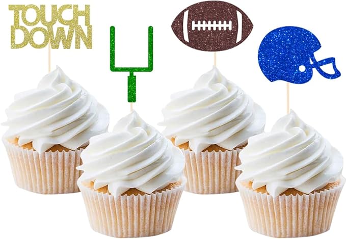 24 Pieces football Theme Glitter Cupcake Topper Cake Picks Decoration for Baby Shower Birthday Party Favors, Sunday Party Supplies with Touchdown, Football and Field Goal