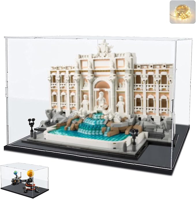 Thickened Clear Acrylic Display Case for LEGO 21062 Trevi Fountain for 42179 Planet Earth and Moon in Orbit 72037 42691 Collectibles, Transparent Box Dustproof with Light, Black Inside 15.7x7.9x11.8in