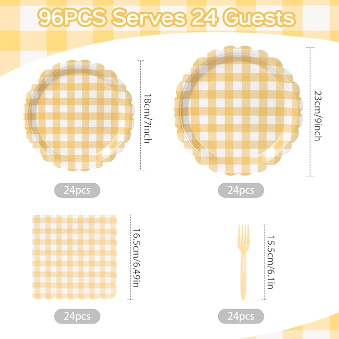 96Pcs Yellow Gingham Plates and Napkins Forks Lace Plaid Paper Plates for 24 Guest Picnic Wedding Baby Shower Tea Kids Birthday Party Supplies Decrations