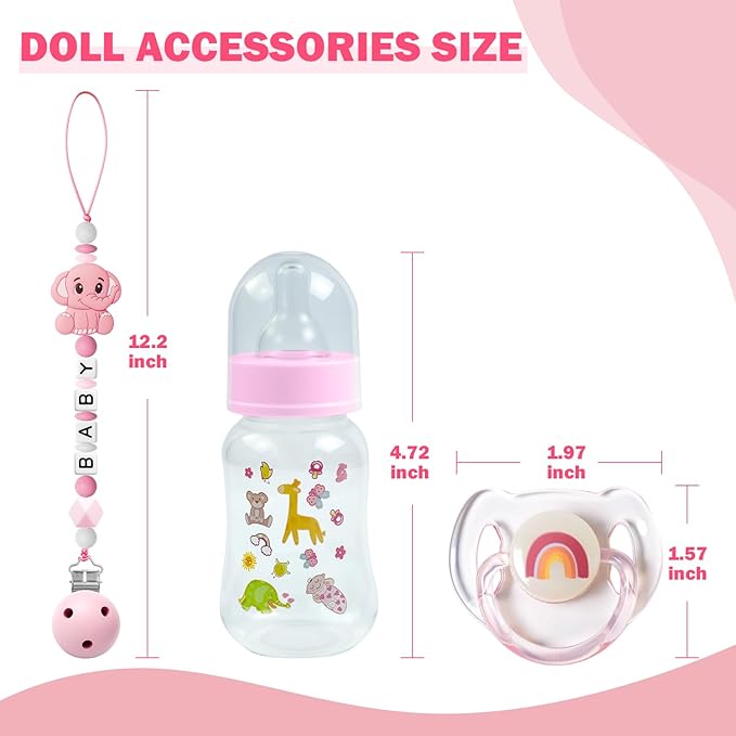 SCOM Reborn Baby Dolls Accessories Set - Rainbow Transparent Magnetic Pacifiers & Removable Reusable Baby Doll Bottles with Silicone Pacifier Clips for Reborn Dolls Girls, Pink Style, 3 Pcs