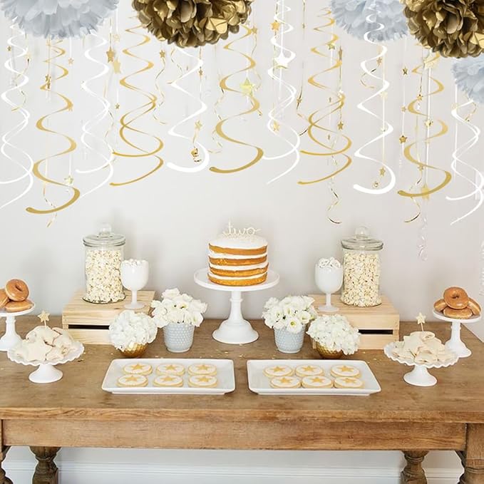 MOWO Gold and White Foil Swirl Hanging Decoration Streamer for Birthday Graduation New Year Wedding Party Supplies, Pack of 20
