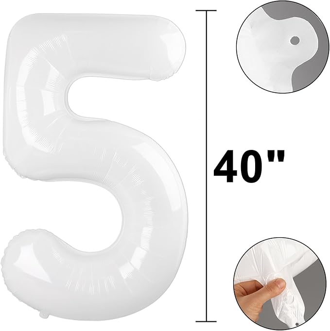 40 Inch Giant Mylar Number 5 White Helium Balloon - Birthday Gift for 5 Year Old Girl Boy, 5 15 25 35 45 50th 55 Anniversary Party Decorations 2025