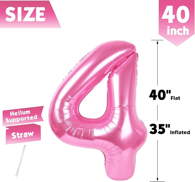 40 Inch Pink Number 4 Balloon, Giant 4 Number Balloons for 4th Birthday Decorations, Party Supplies for Baby Boy Girl, Pink Party Decor