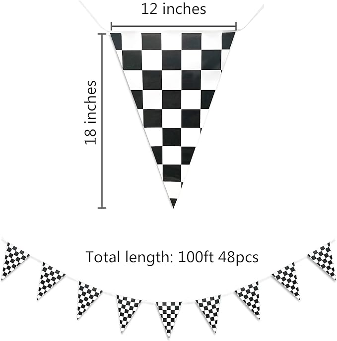 Piokio 100ft Black and White Checkered Flag Banner Racing Birthday Decorations, for Nascar Cars Party Supplies