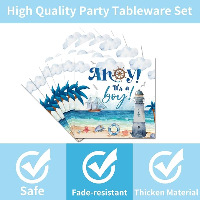 Ahoy Its a Boy Baby Shower - Nautical Themed Plates and Napkins Party Supplies Ahoy Nautical Boy Baby Shower Party Decorations Paper Disposable Tableware Set Serve 24 Guests