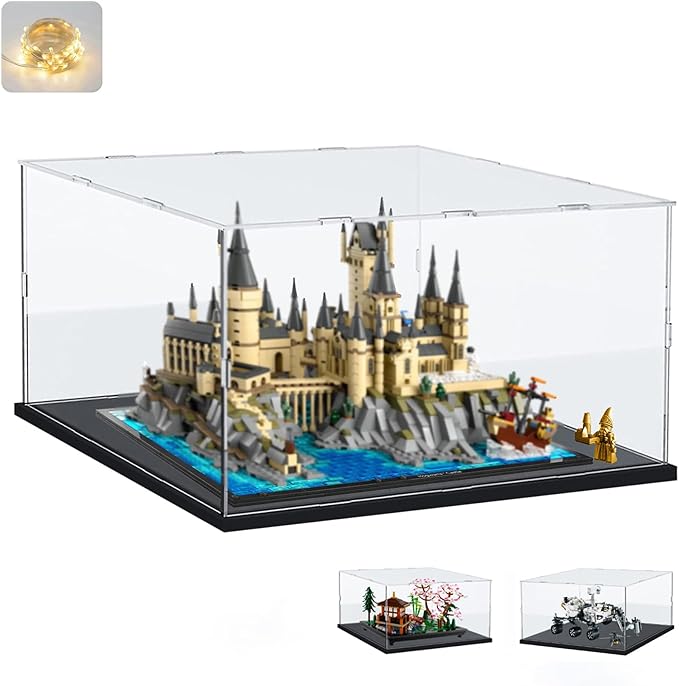 Thickened Clear Acrylic Display Case for Lego 76419 Hogwarts Castle and Ground for 10315 Tranquil Garden 42158 21060 Collectibles, Transparent Box Dustproof with Light, Black Inside 15.7x11.8x9.8 in