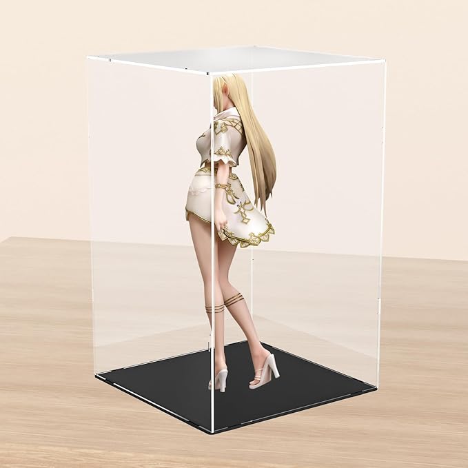 Clear Acrylic Display Case,Self-Assembly Display Box with Black Acrylic Base,Countertop Box Cube Organizer Stand Riser Dustproof Protection Showcase for Figures Toys Collectibles(9.8x9.8x15.7 inch)