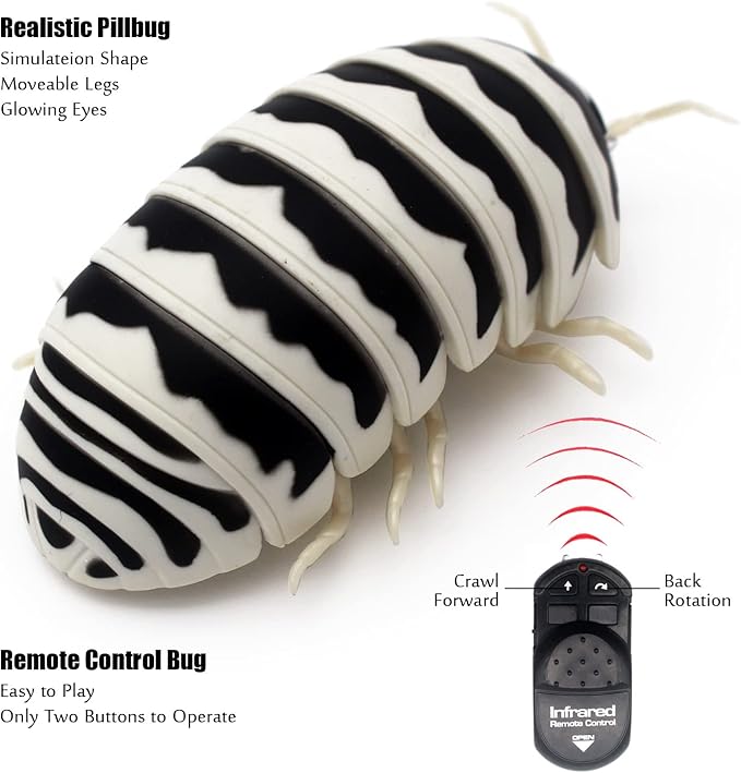 Tipmant RC Bug Remote Control Worm Realistic Pillbug Electronic Animal Prank Toy Insect Car Vehicle Kids Birthday Gifts (Black & White)