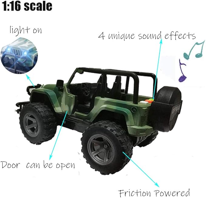 Car Toy 1:16 Off-Road Military Fighter Friction Powered Toy Vehicle with Fun Lights and Sounds
