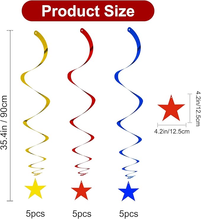 BEISHIDA Red Blue Gold Star Hanging Swirl Decorations, Birthday Hanging Party Supplies for Graduation Wedding Baby Shower Birthday Decorations,Pack of 15