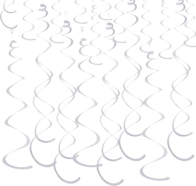 Sliver Ceiling Swirl Foil Decorations Hanging Plastic Streamer Themed Swirl Party for Graduation Celebration, Pack of 28