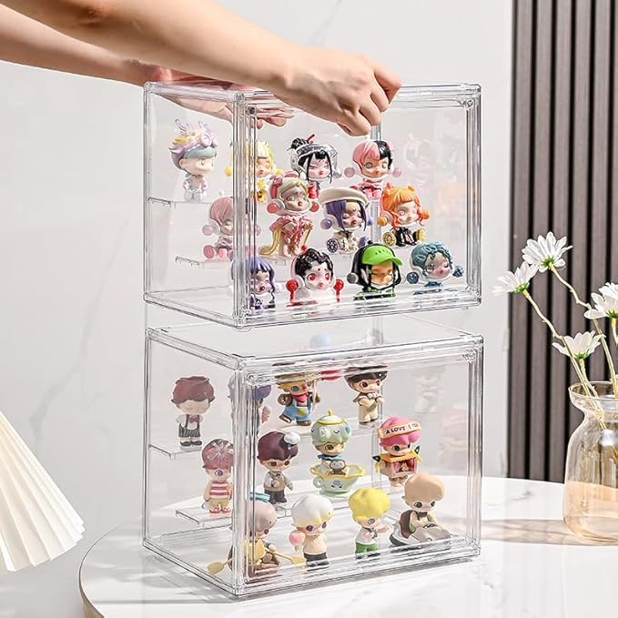 3 Tiers Clear Display Case with Lights, Acrylic Storage Organizers Box with Magnetic Door, Acrylic Dustproof Showcase for Collectibles Action Figure(3PACK Medium+Light)
