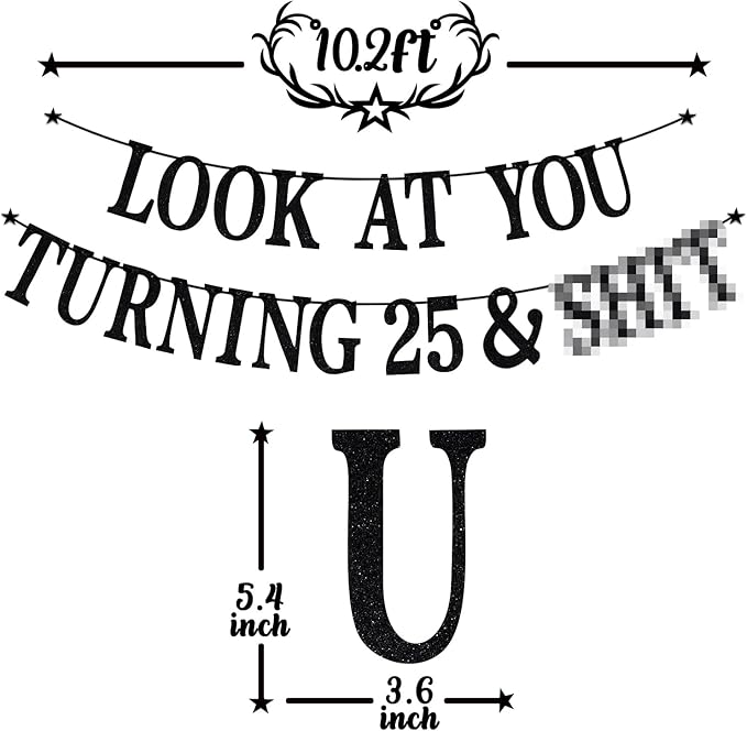 Black Glitter Look at You Turning 25 & Sh*t Banner, Happy 25th Birthday/Level 25 Unlocked/Cheers to 25 Years, Funny 25th Birthday Party Decorations Supplies