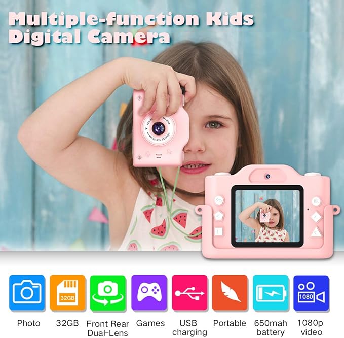 Kids Selfie Camera,Christmas Birthday Gifts for Boys Age 3-9,HD Digital Video Cameras for Toddler,Toy for 3 4 5 6 7 9 Year Old Teens with 32GB SD Card,Kids Toys Gifts for Birthday (Pink)
