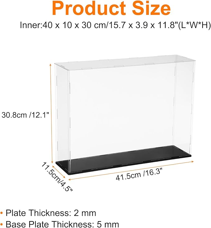 uxcell Acrylic Clear Display Case for Collectibles Self-Assemble Display Clear Boxes with Black Base Dustproof Countertop Storage Box for Collectible Action Figure, 15.7 x 3.9 x 11.8 Inch