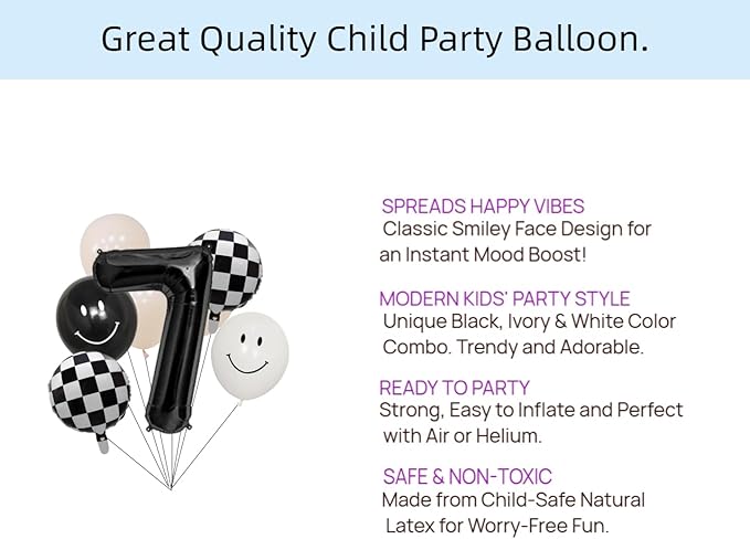 Birthday Balloon Set, Black and White Checkered Foil Balloons, Smiley Face Design, Number 7 Birthday Decorations with Latex Balloons, Ribbon and Straw