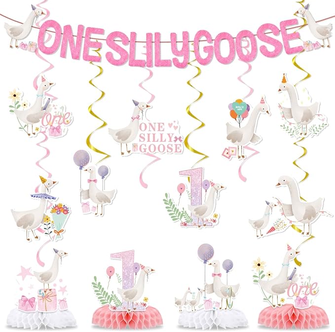 One Silly Goose Birthday Decorations Include One Silly Goose Glitter Banners Hanging Swirls Honeycomb Centerpieces Pink Silly Goose Birthday Baby Shower Theme Party Supplies for Boys Girls