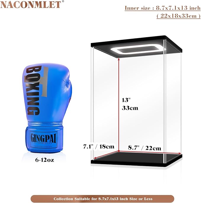 Boxing Glove Display Case,LED-Lit Clear Acrylic Showcase with Black Base & Holder for Single Glove, Full Size UV Protection Souvenirs & Collectibles Box, Ideal Gift for Boxing Fans