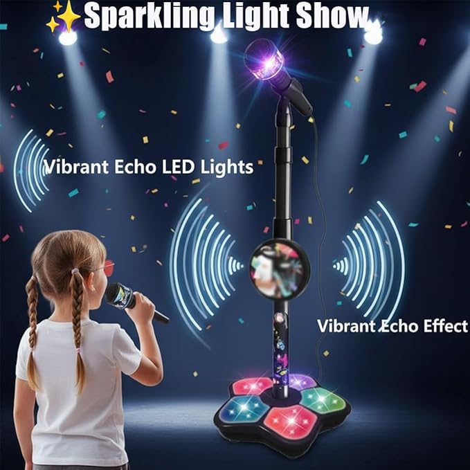 The All-in-One Microphone Toy, Kids Microphone with Stand, Adjustable Stand, Speaker & LED Lights, Funny Karaoke Microphones Toy for Singing, Boys & Girls (Black*Blue)