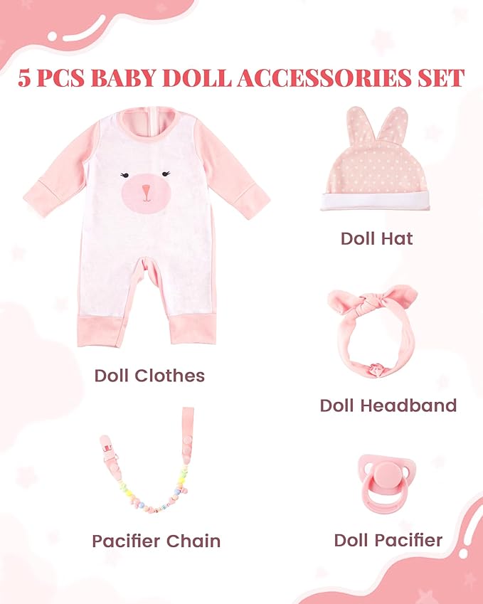 BABESIDE 2 PCS Reborn Baby Doll Clothes with Hat for 17-22 Inch Dolls, Bunny Baby Dolls Outfit Accessories Set BabyClothing,Girls